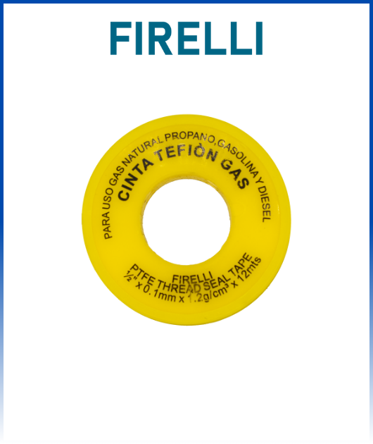 Cinta teflón firelli 1/2” x0.10mm x1.20g/cm3 amarillo para gas