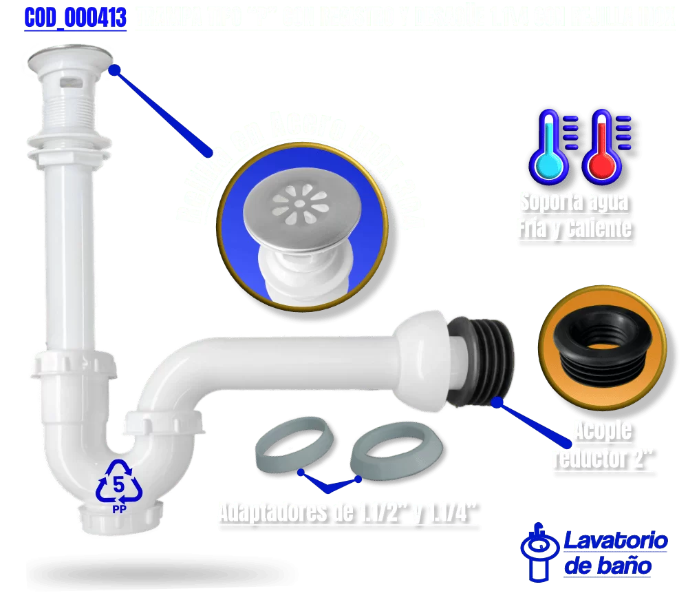 Trampa con registro + desague pvc con rejilla inoxidable